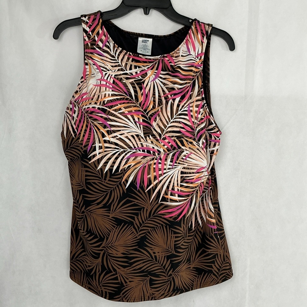 Lands' End Tankini Swimsuit Top 16 High Neck Palm Leaf Brown Resort 513786